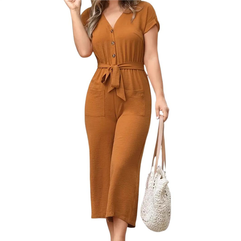 Women's V-Neck Short Sleeve Belted Jumpsuit