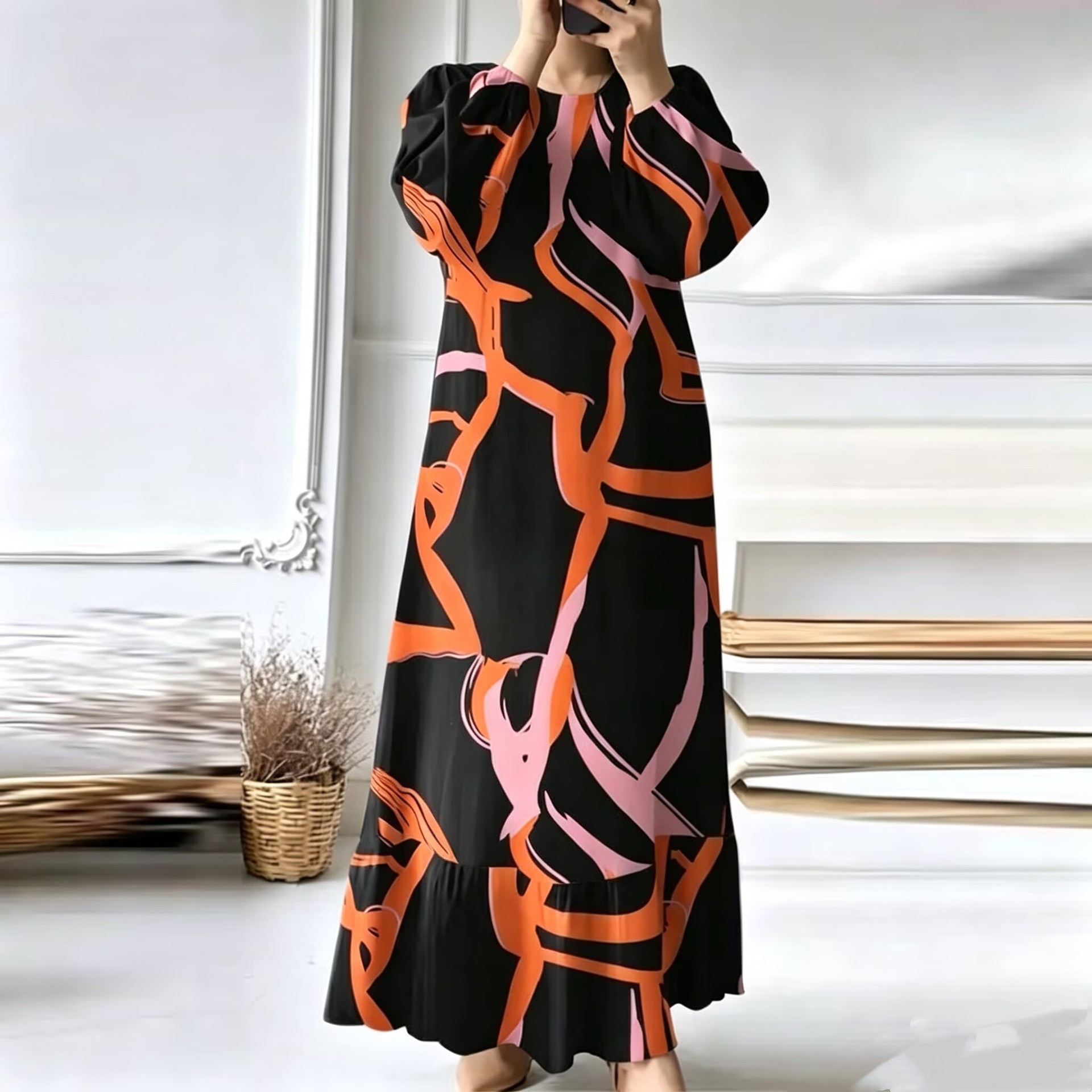 Women's Puff Sleeve Ruffle Hem Long Dress Solid Color