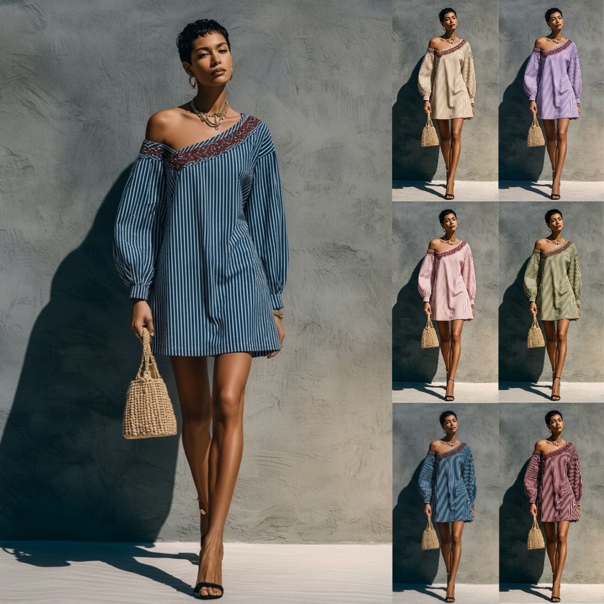 Striped One-Shoulder Long-Sleeve Embroidered Mini Dress