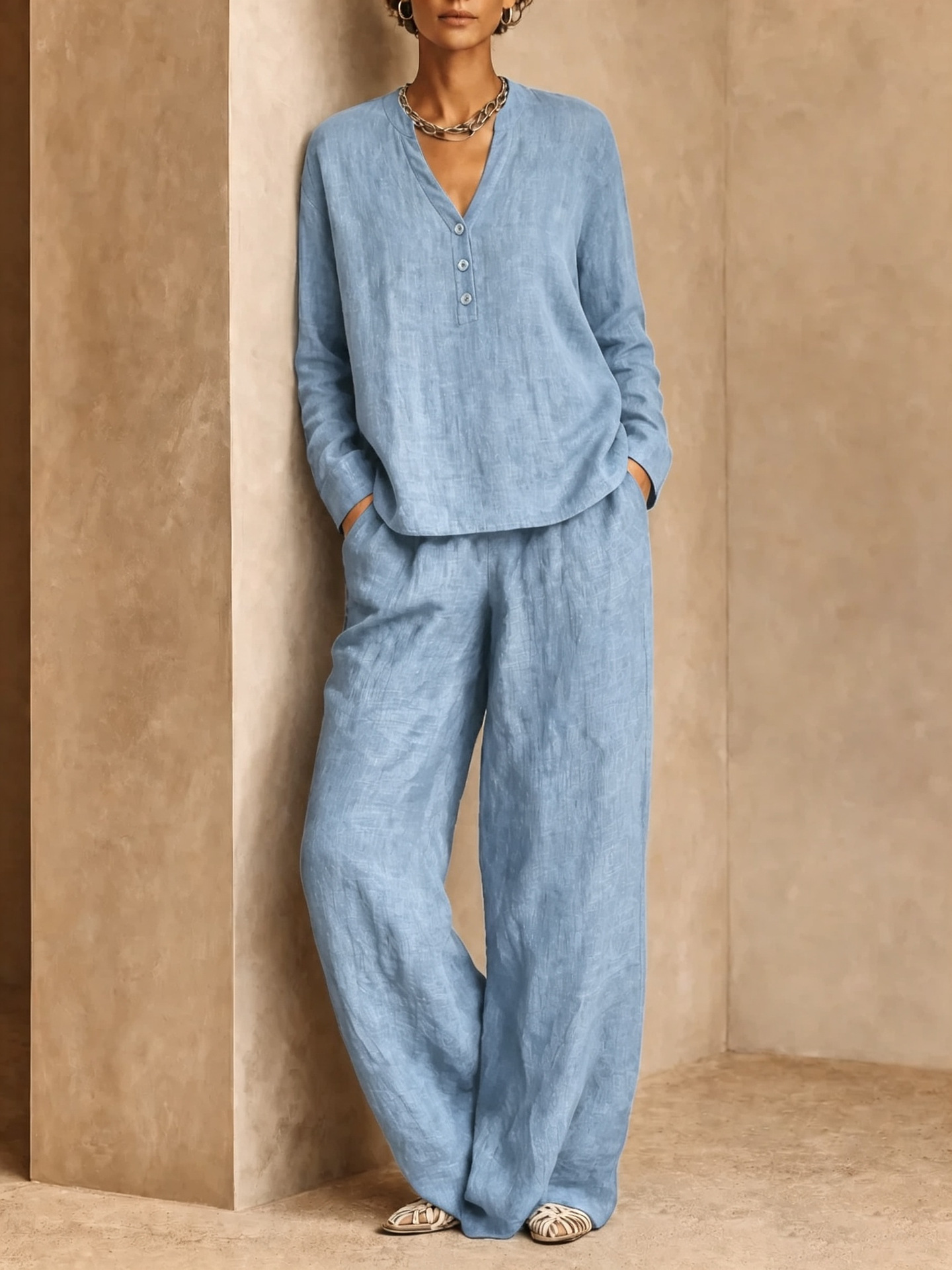 Women's V-Neck Button Solid Long Sleeve Top & Wide-Leg Pants 2-Piece Set