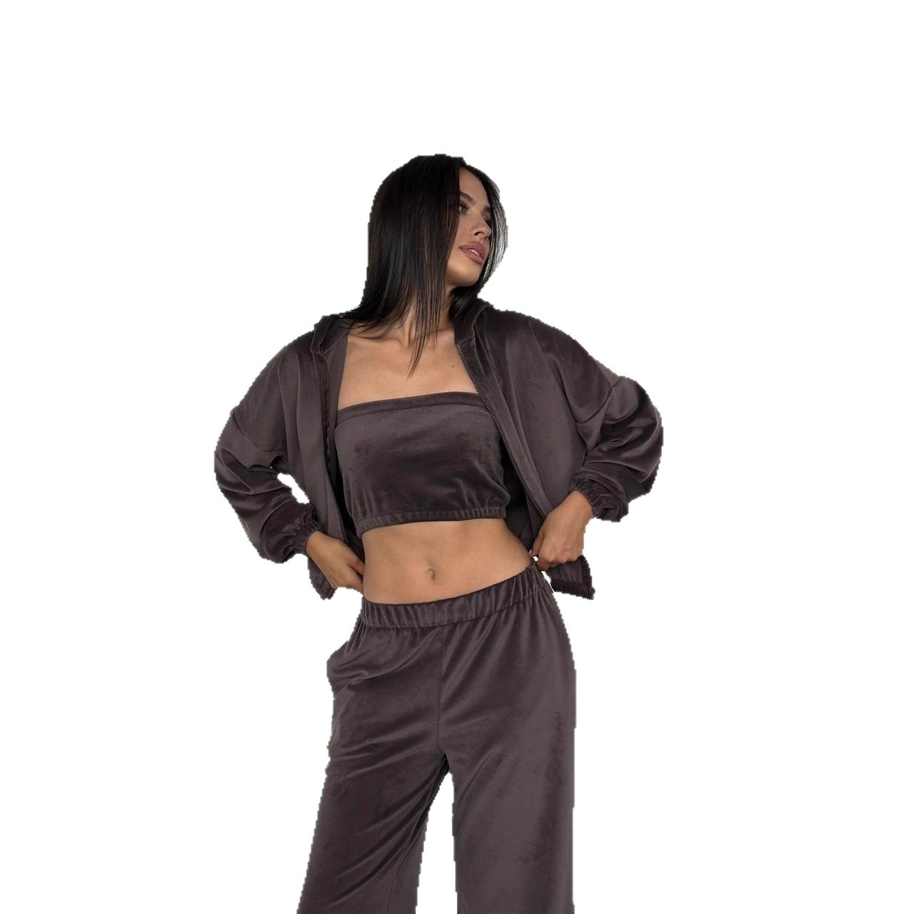Velvet Hooded Three-Piece Lounge Set with Pants