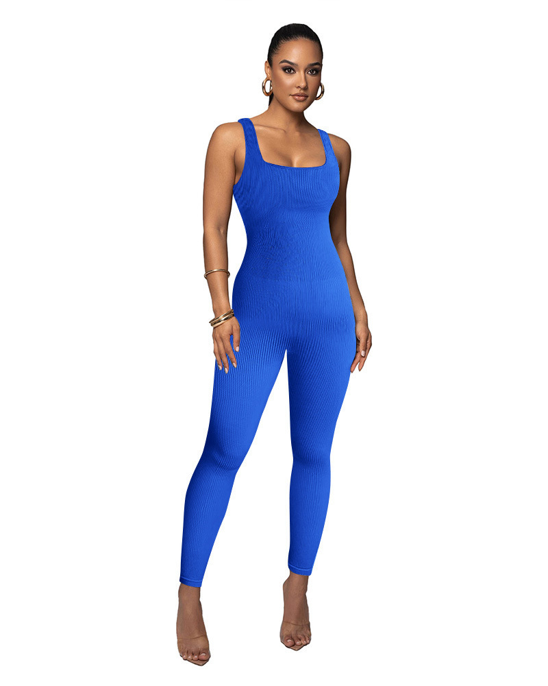 Sexy Sleeveless Square Neck Ribbed Yoga Bodysuit Tummy Control Butt Lifting