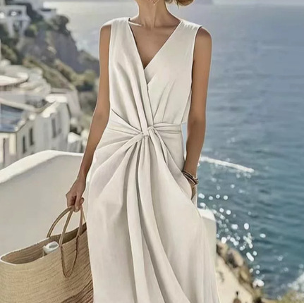 Women's Twist-Front V-Neck Sleeveless Cotton-Linen Dress with Pockets