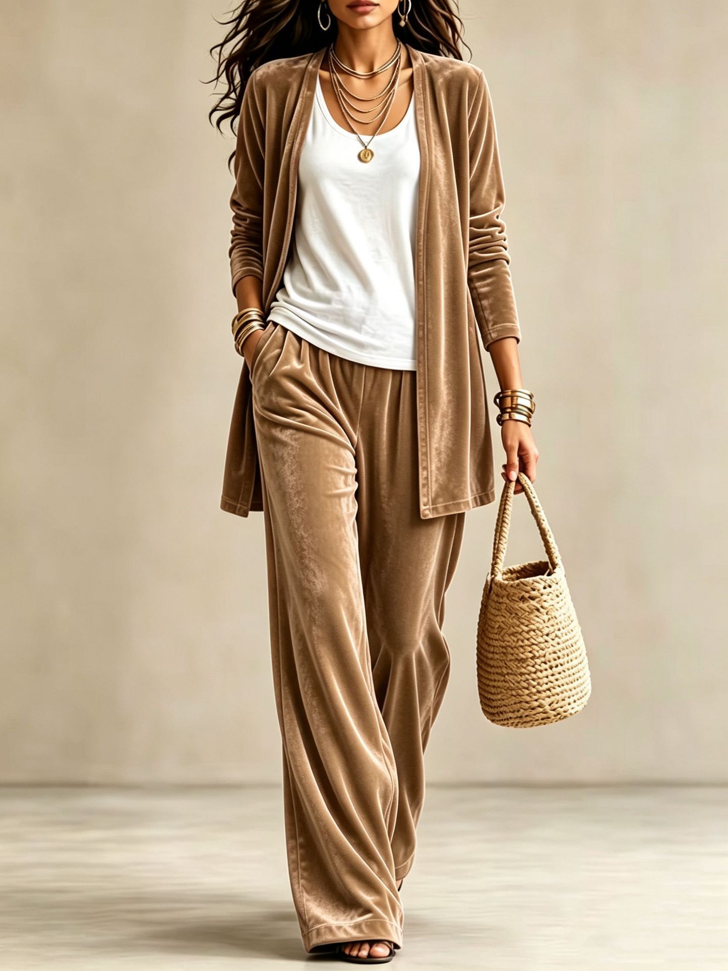 Women's 2-Piece Lounge Set: Solid Long Cardigan & High-Waist Wide-Leg Pants