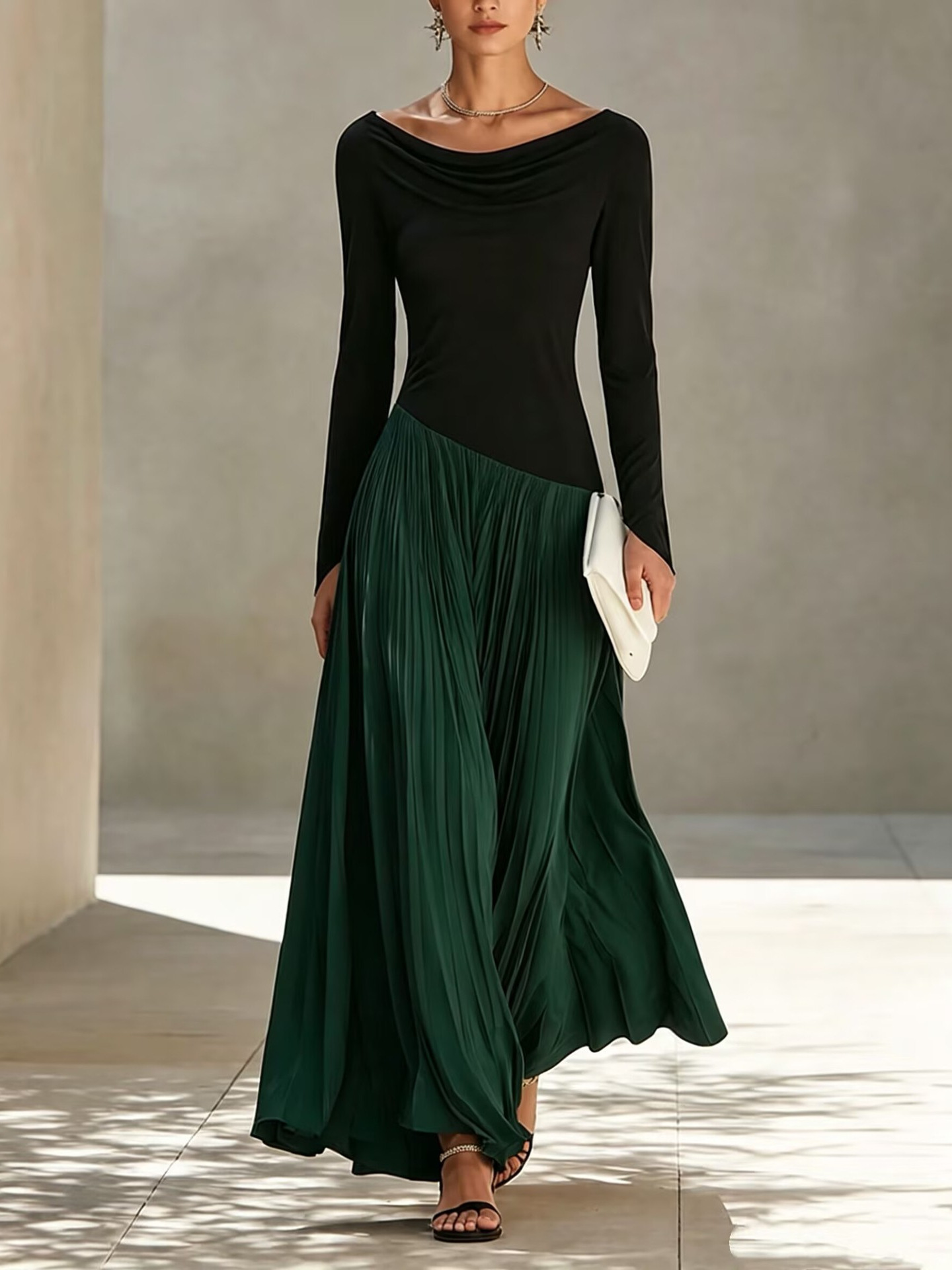 Minimalist Color-Block Draped-Neck Long Dress