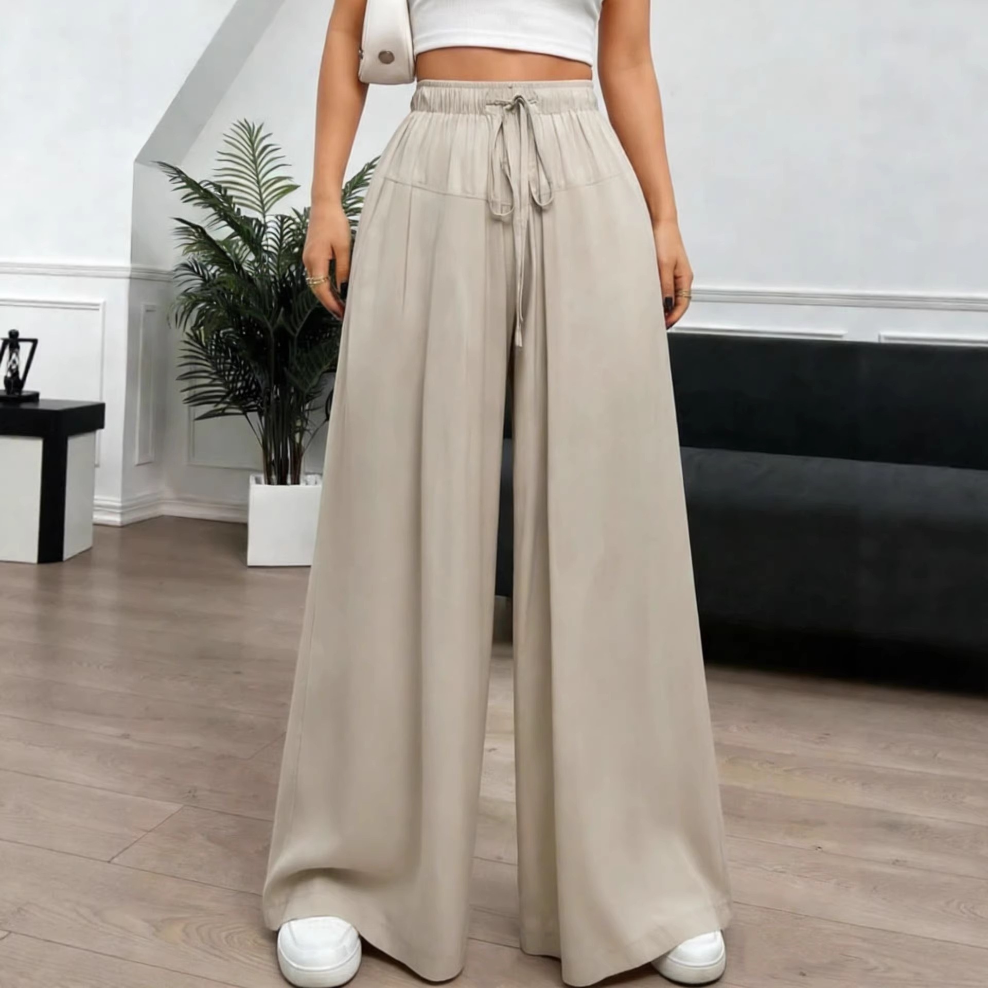 Women's High-Waist Wide-Leg Pants with Elastic Waistband, Lightweight