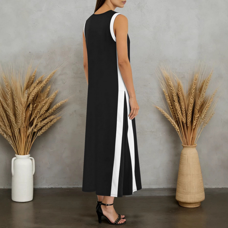 Blue & White Colorblock Sleeveless V-Neck Midi Dress Loose Casual Split