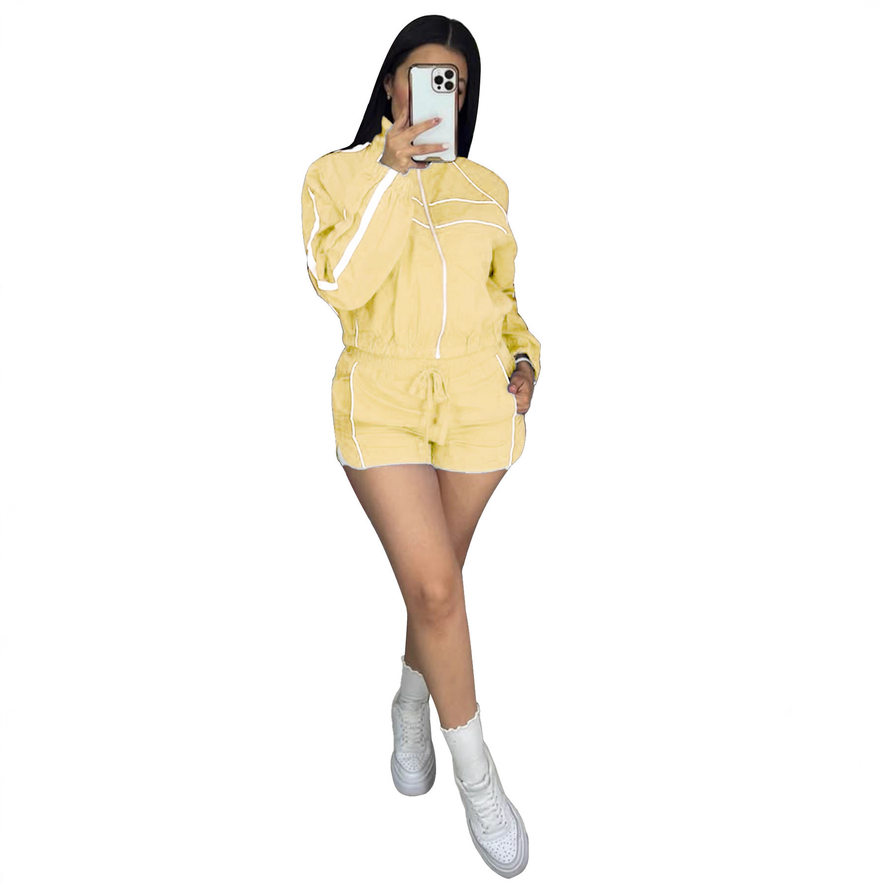 Women's Color-Block Zip Long-Sleeve Hoodie & Shorts Set