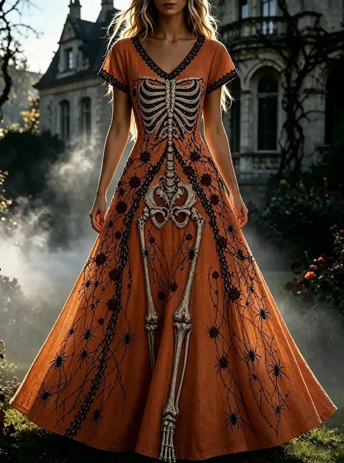 Women's Floral Skeleton Halloween Print Casual Midi Dress