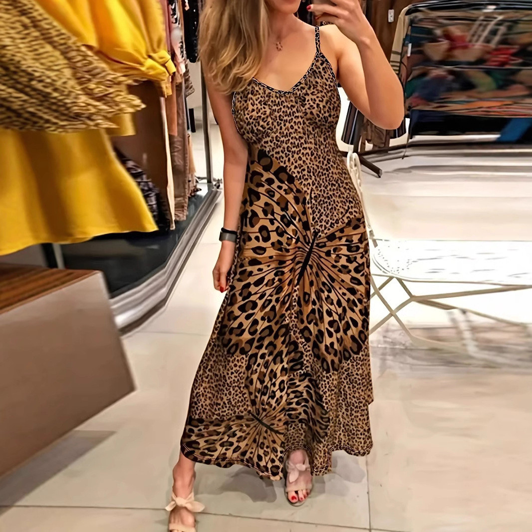 Women's Leopard Butterfly Print V-Neck Sleeveless Maxi Dress