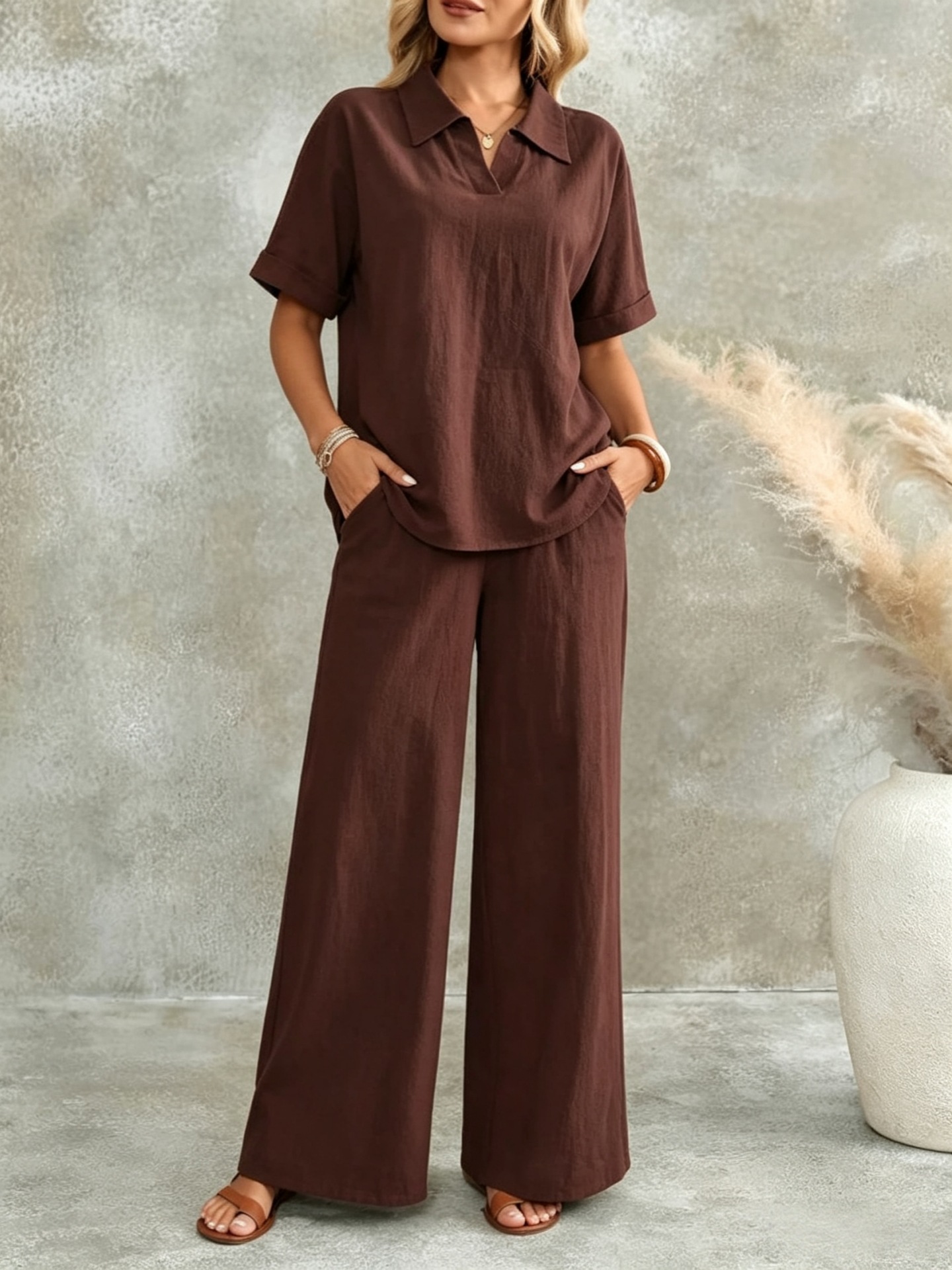 Women's Solid Short-Sleeve Collared Shirt & Wide-Leg Pants Two-Piece Set