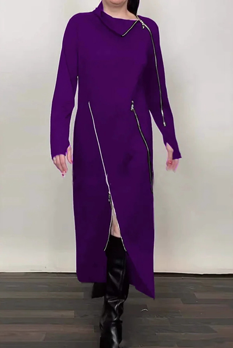 Women's Solid High Neck Zip Long Sleeve Dress