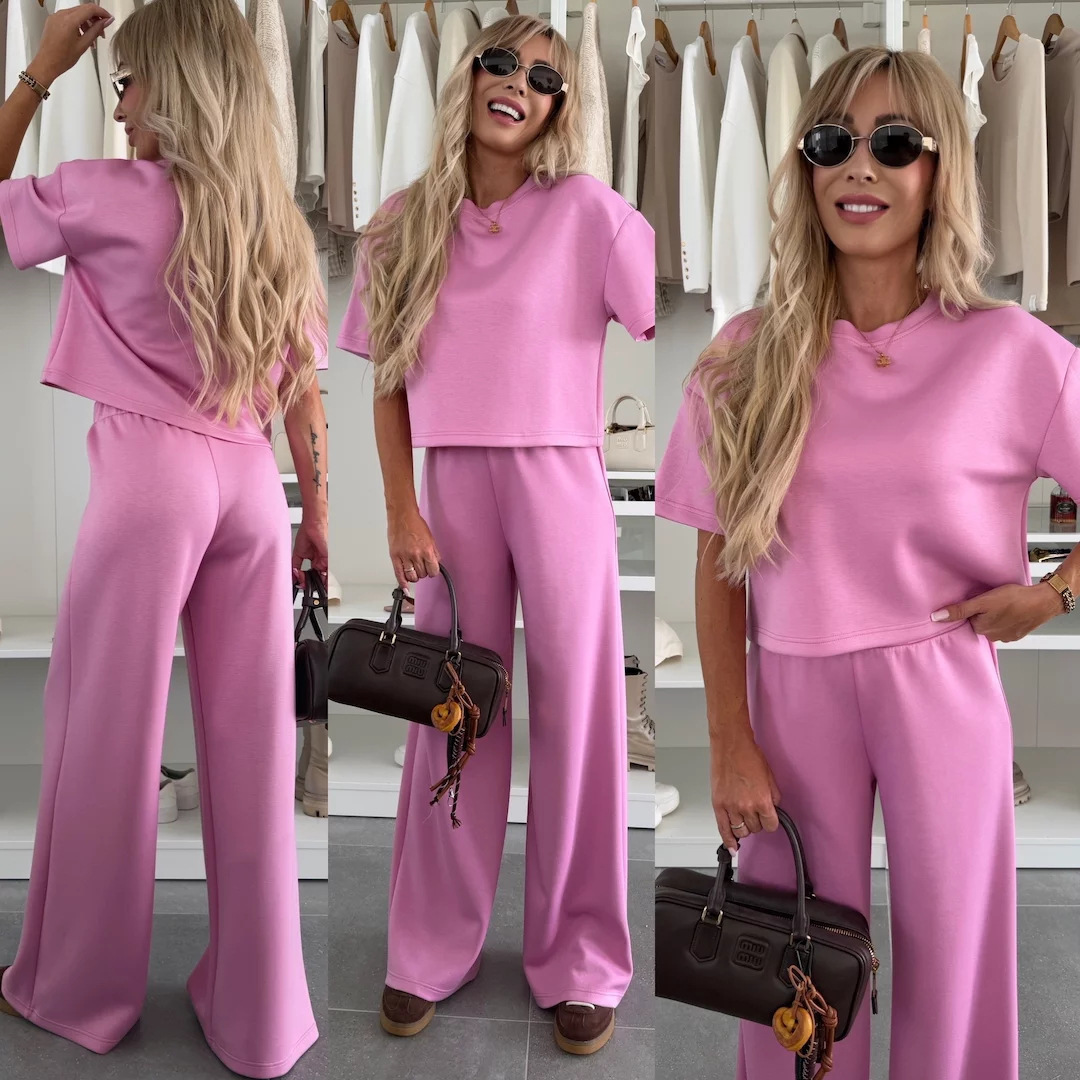 Women's Casual Solid Short Sleeve T-Shirt and Wide-Leg Pants Two-Piece Set