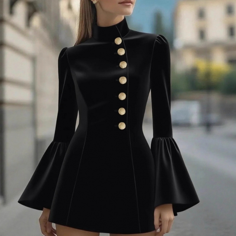 Women's Slim Fit Solid Color Stand Collar Bell Sleeve Blazer Dress