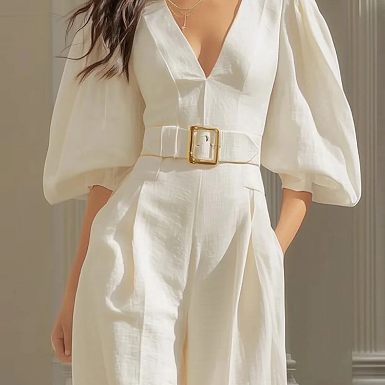 Women's Casual Solid Deep V-Neck Loose Jumpsuit