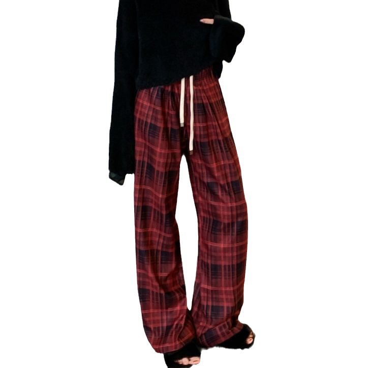 Retro Red Plaid High-Waist Straight-Leg Pants for Women