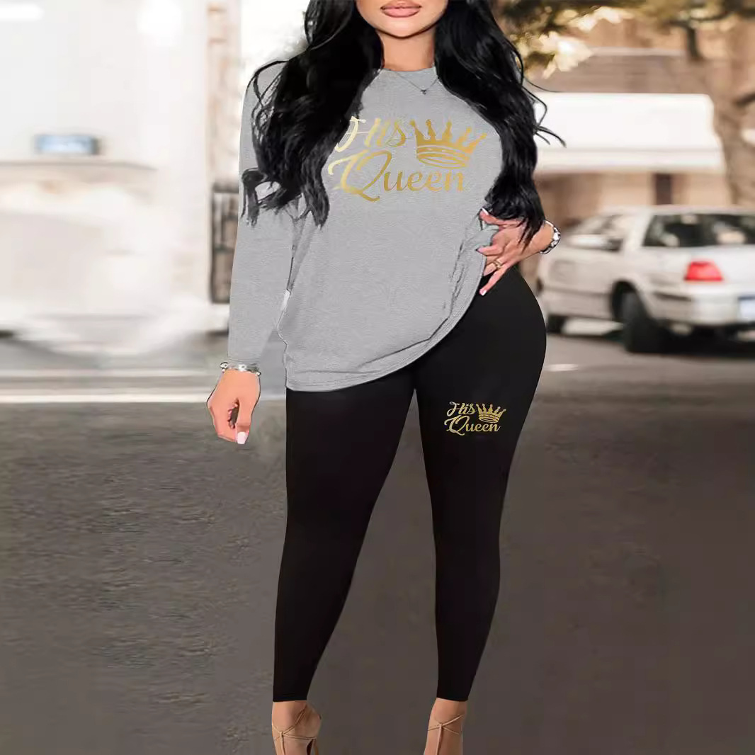 Letter Heart Print Loose Casual Round Neck Two-Piece Pants Set