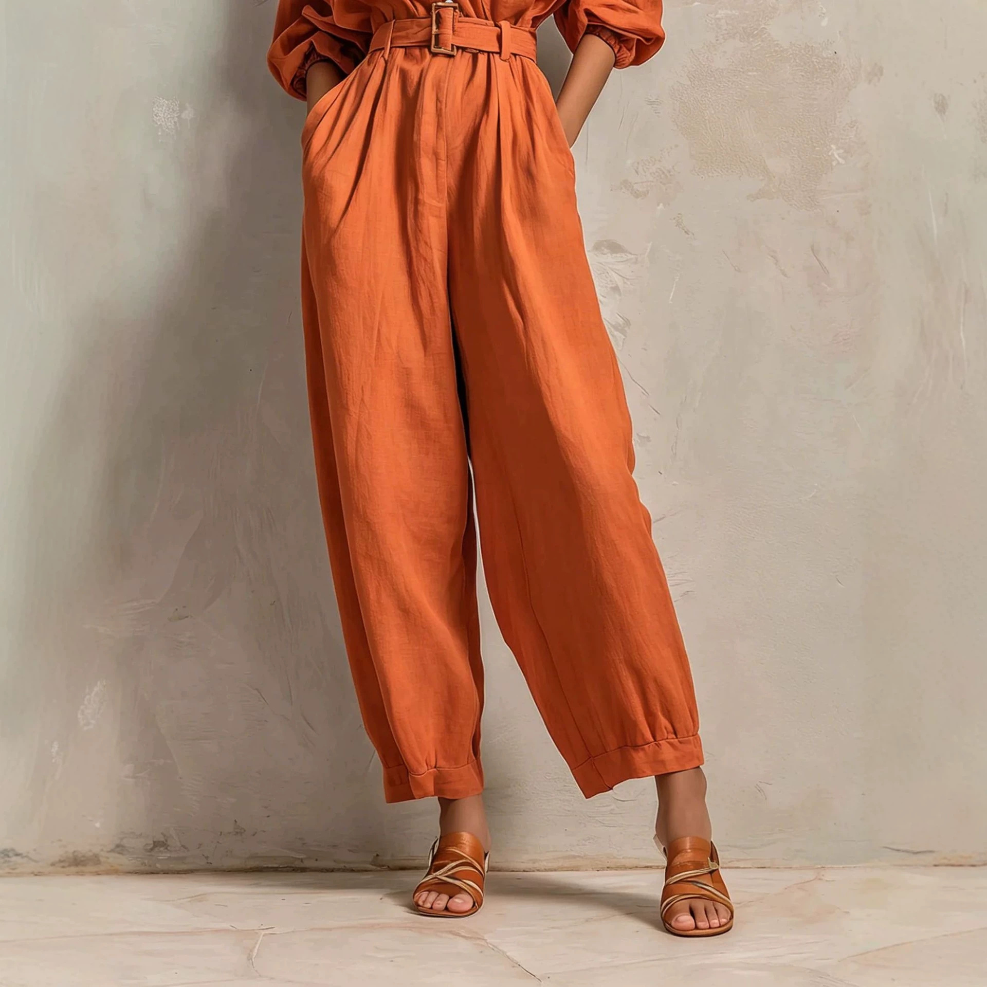 Linen-Blend Long-Sleeve Jumpsuit Casual Chic