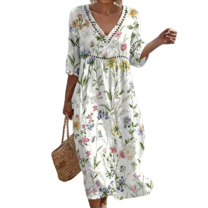 Women's Floral Print Pleated Midi Dress with Deep V-Neck and 3D Effect