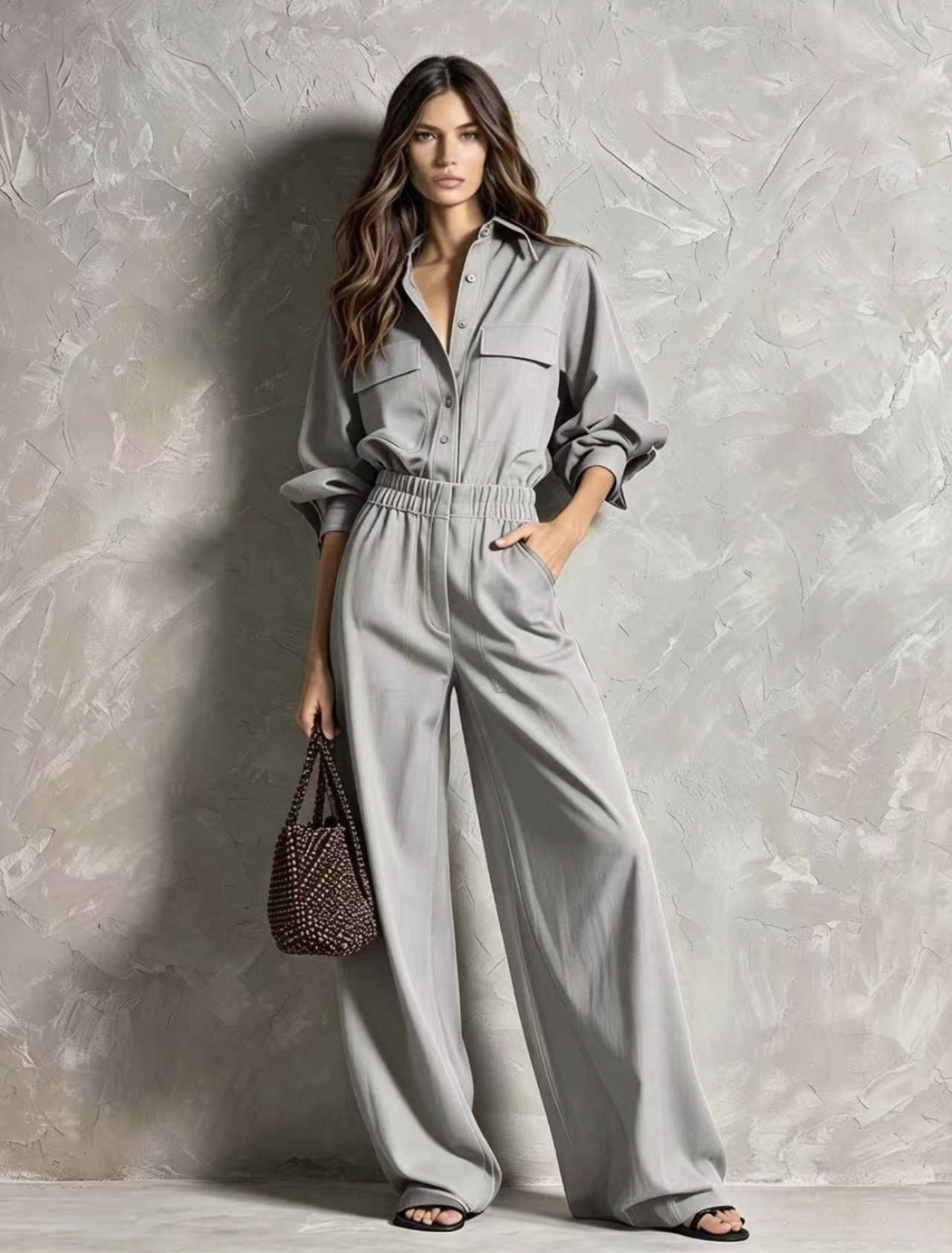 Women's High-Waist Wide-Leg Jumpsuit with Shirt Collar and Elastic Waist