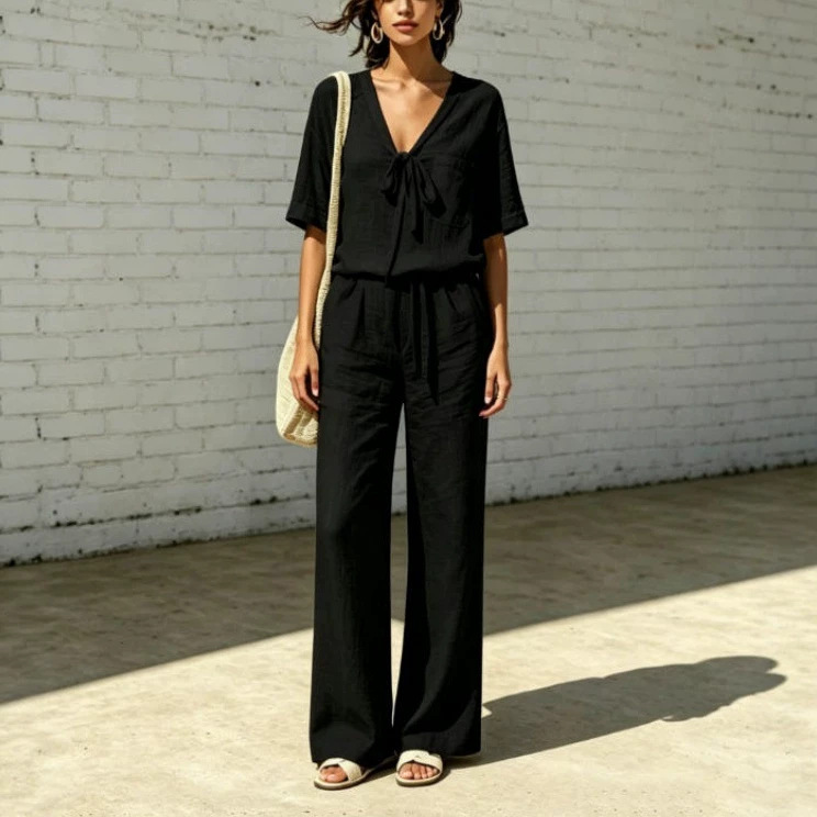 Women's Summer V-Neck Half-Sleeve Tie-Waist Casual Pants Set