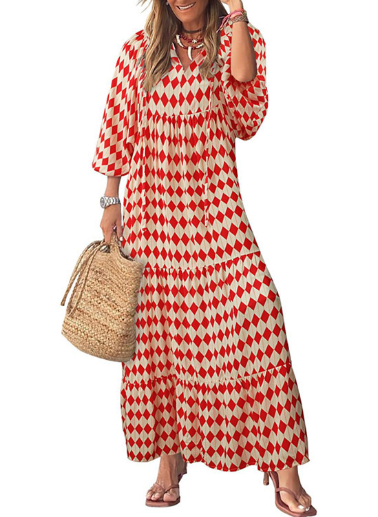 Geometric Print Puff Sleeve Maxi Dress with High Waist and Tie Detail