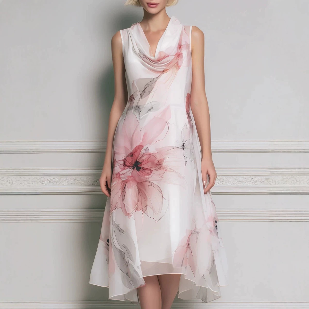 Floral Print Double-Layer Sleeveless High-Waist Maxi Dress