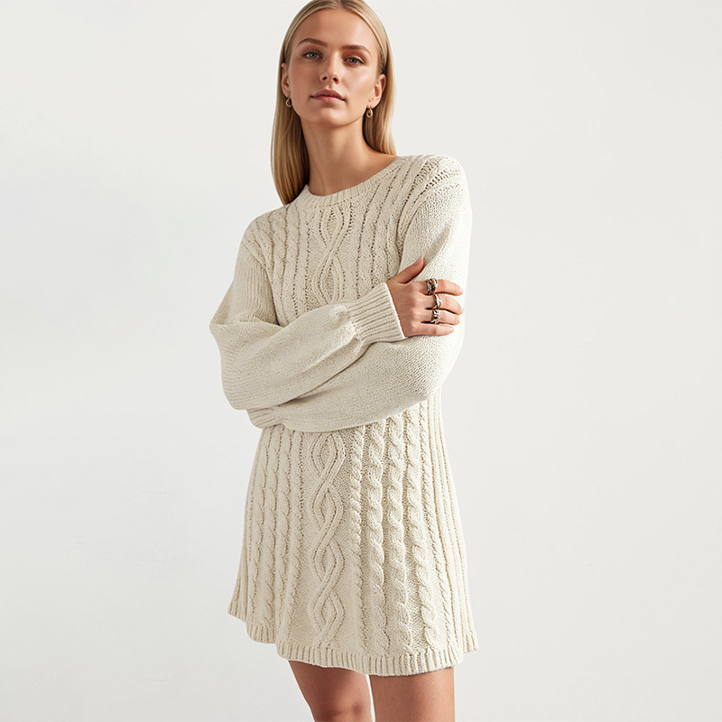 Cable-Knit Long-Sleeve Loose Knit Dress