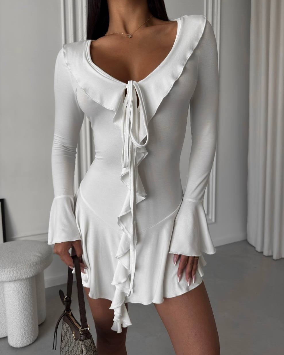 Women's Sexy Slim Fit Ruffle Long Sleeve Tie Dress