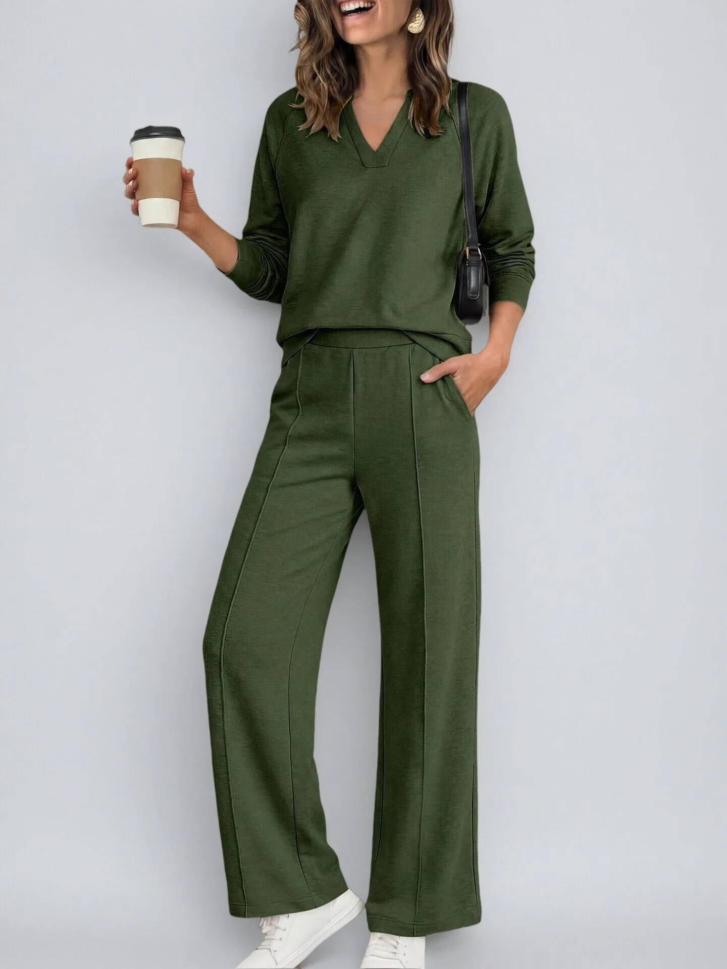 Women's Solid V-Neck Long-Sleeve Sweatshirt and Pants Set