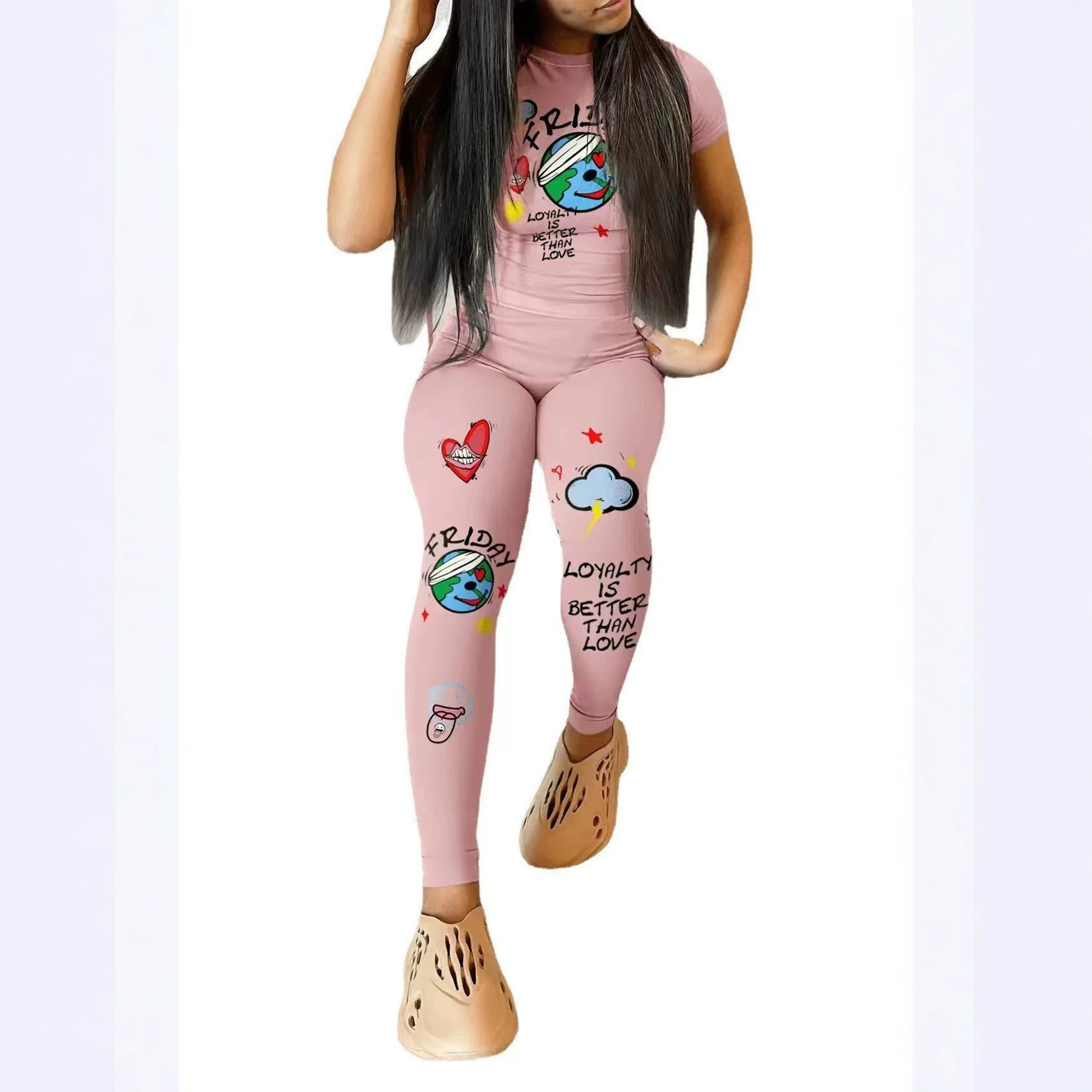 Women's Graphic Print Slim Fit Long Pants Set