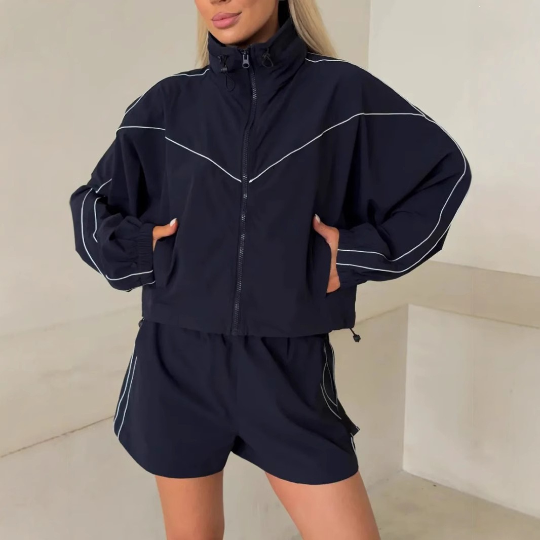 Women's Solid Color Zip-Up Cardigan and Elastic Shorts Two-Piece Set