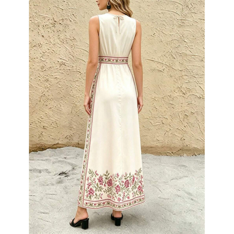 Women's Sleeveless Round Neck A-Line Midi Dress Floral Print Loose Fit Apricot