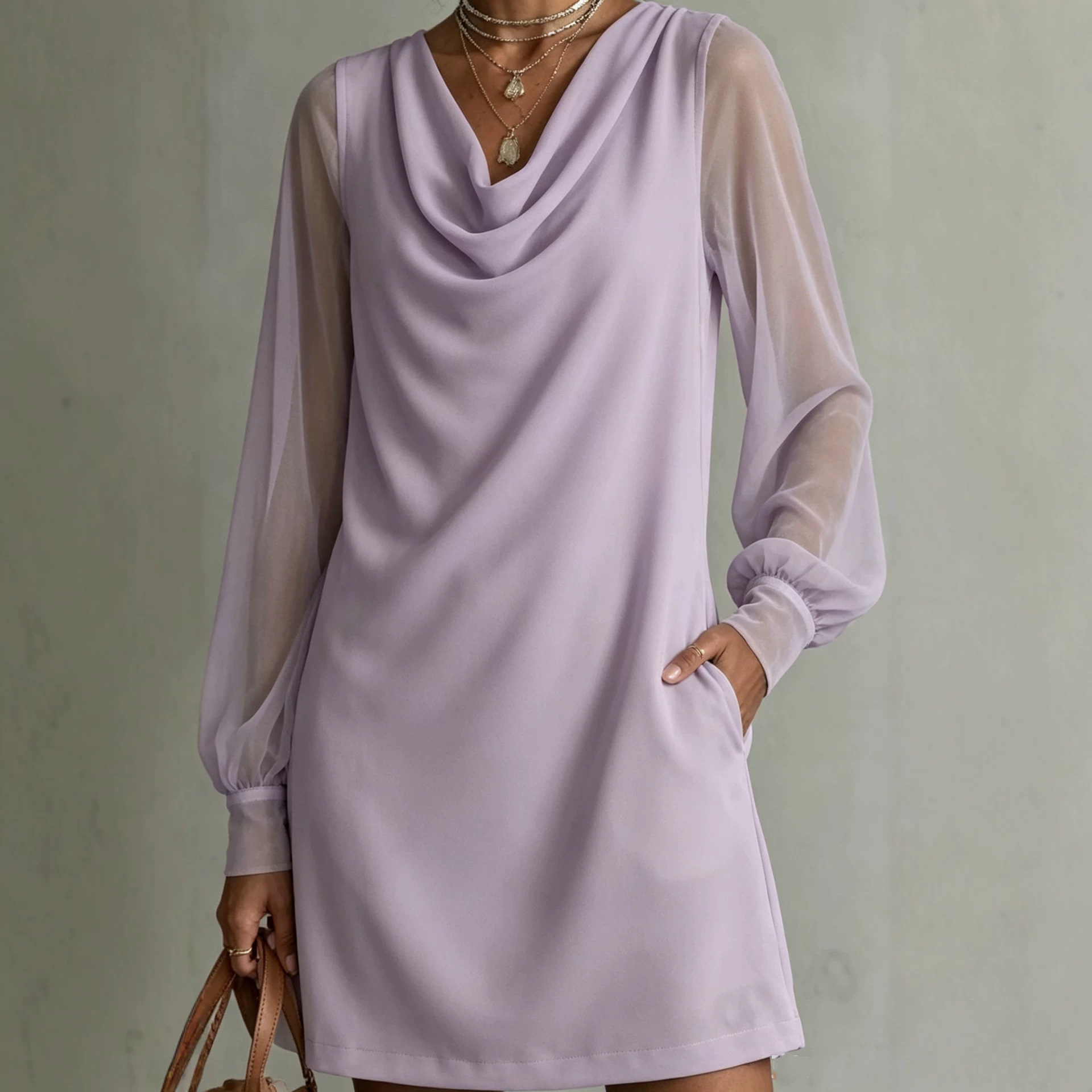 Women's Cowl Neck Sheer Mesh Long Sleeve Dress with Pockets