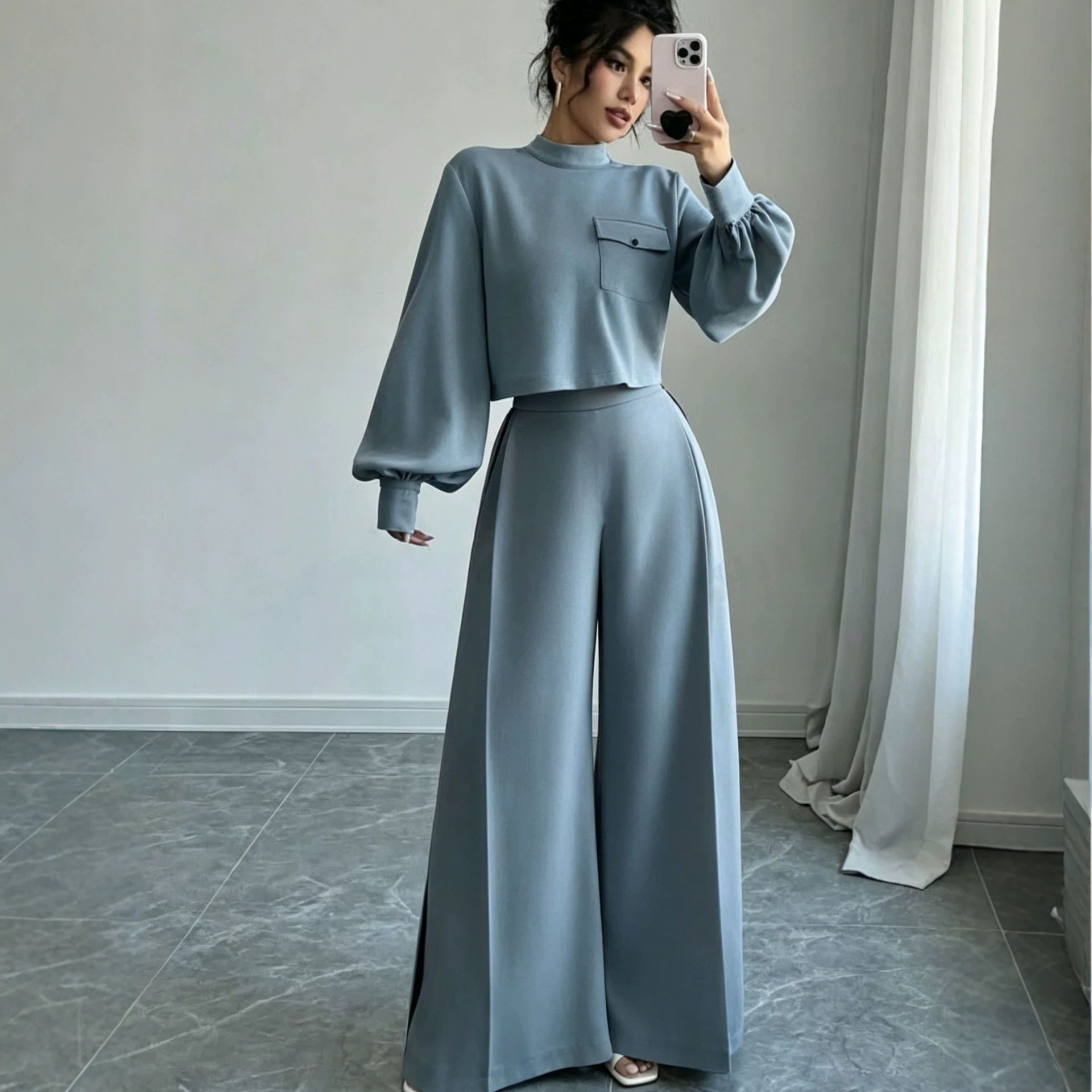 Women's Solid Wide-Leg Pants Set with Lantern-Sleeve Crop Top