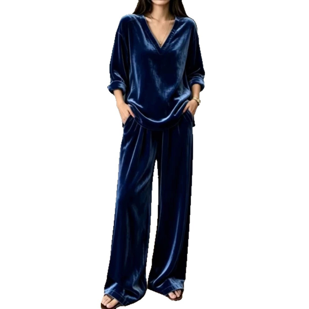 V-Neck Long-Sleeve Velvet Loose Loungewear Two-Piece Set