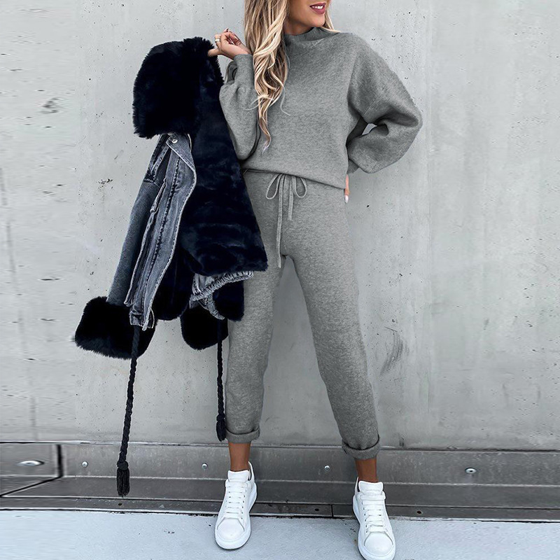 Women's Turtleneck Sweatsuit Set Solid Color Long Pants with Pockets