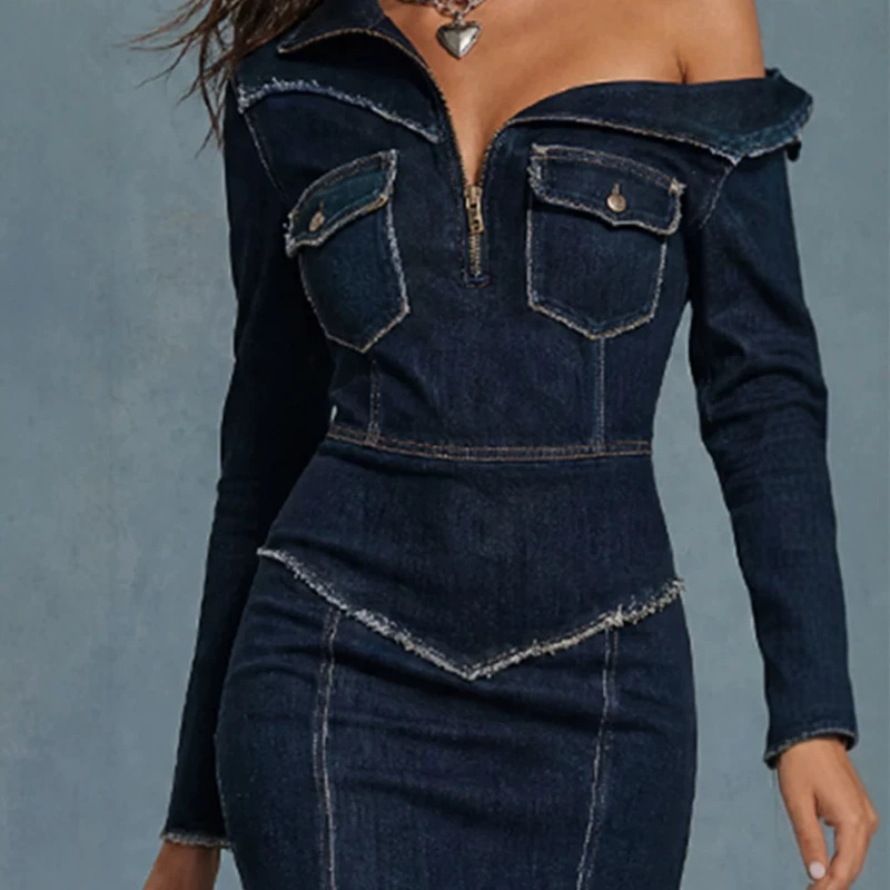 Elegant Vintage Dark Blue Denim Midi Skirt