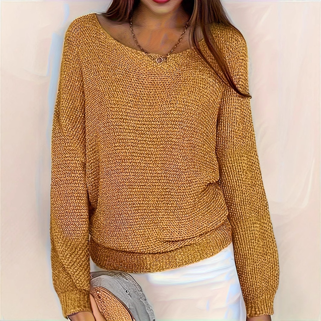 Women's Casual Solid Crewneck Knit Sweater Loose Long Sleeve Pullover