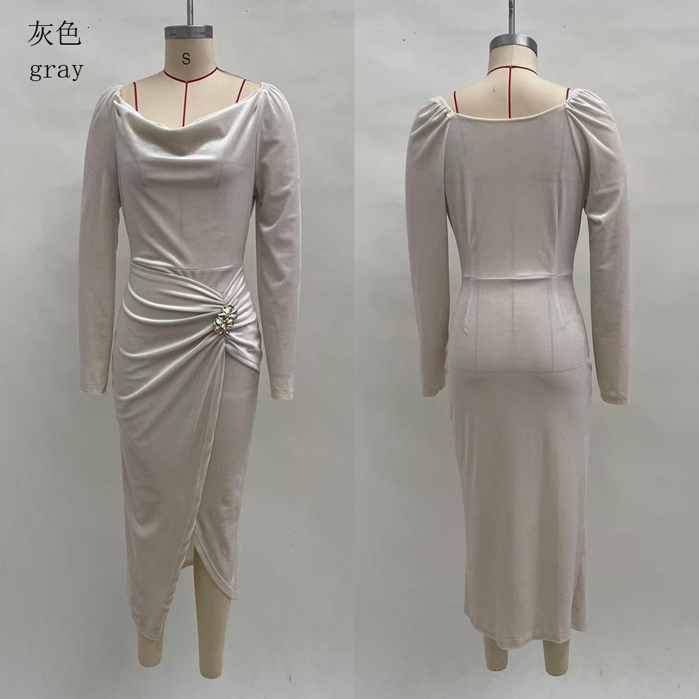 Women's Velvet Long Sleeve Ruched High Slit Bodycon Dress