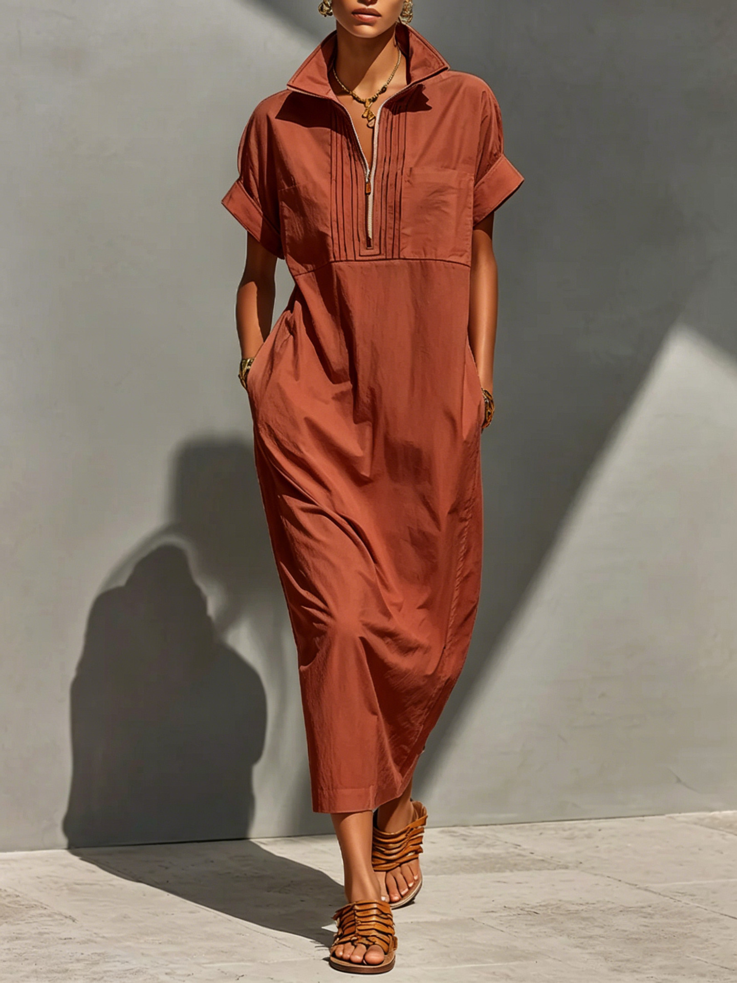 Women's Shirt-Style Jumpsuit with Stand Collar, Half Placket, Pockets, Loose Fit, Midi Length