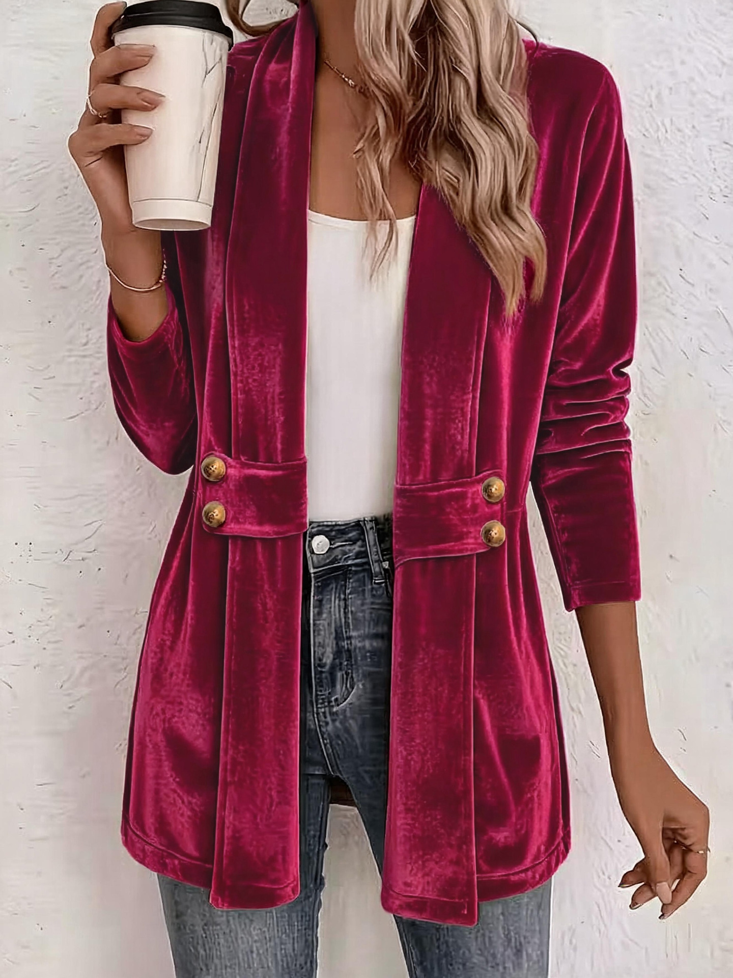 Women's Double-Breasted Velvet Cardigan Lazy Style Mid-Length Top
