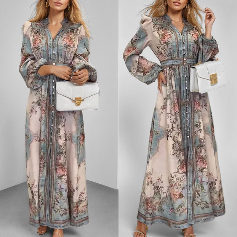 Women's V-Neck Floral Print A-Line Long Dress
