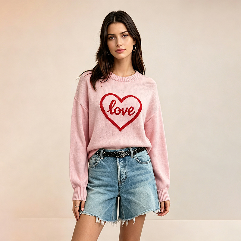 Heart Knit Sweater for Women Crewneck Long Sleeve Pullover