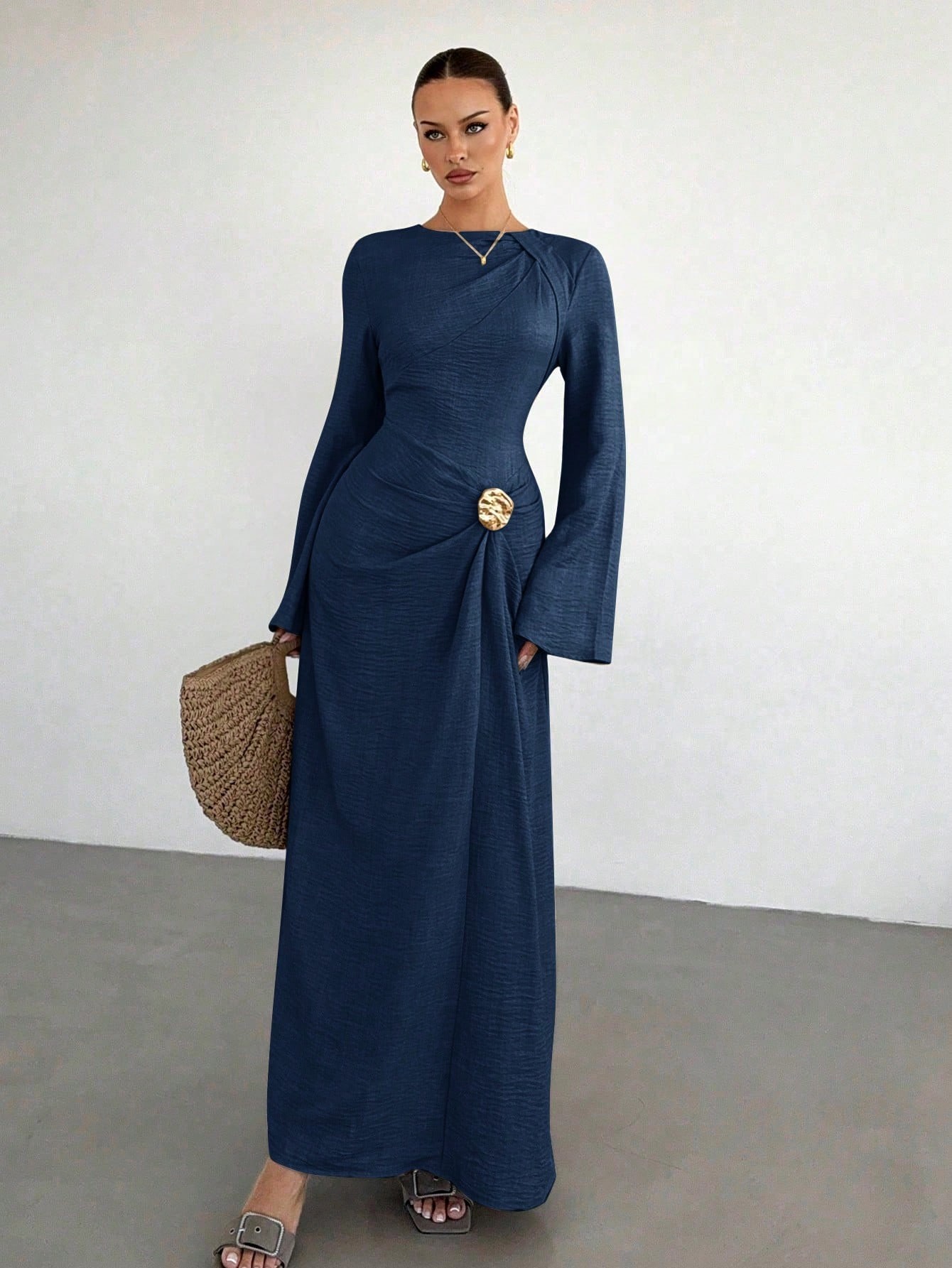Light Luxury Crewneck Bell Sleeve Pleated Metallic Button Long Dress