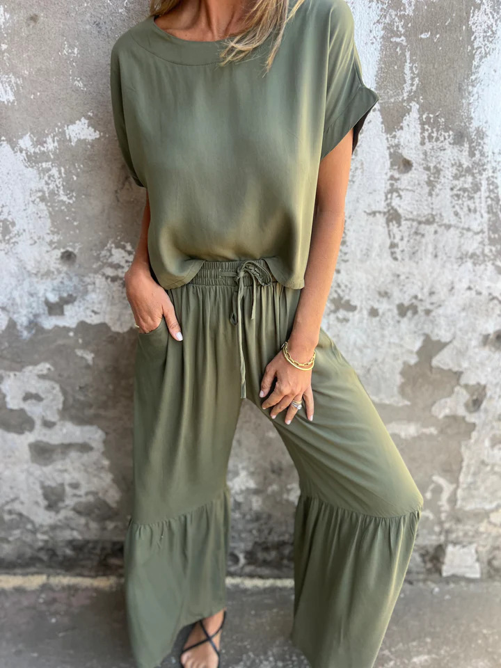 Women's Solid Color Cotton-Linen Short Sleeve Two-Piece Set