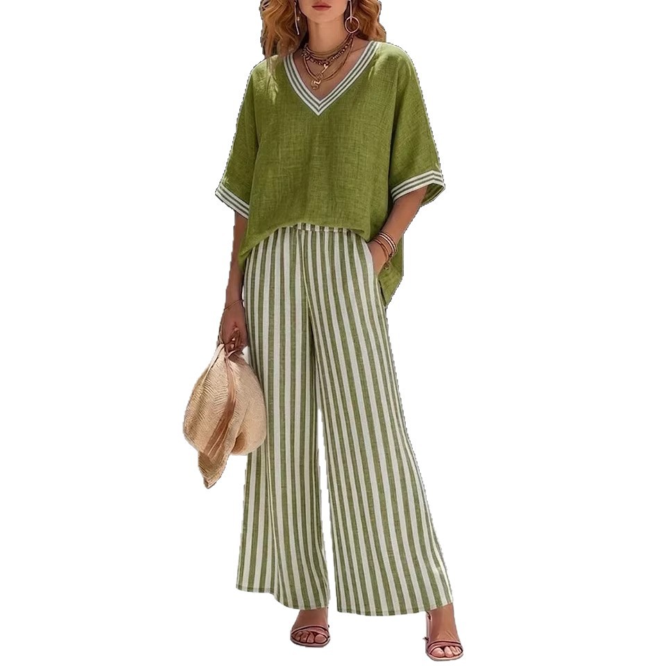 Women's Cotton-Linen Blend V-Neck Short-Sleeve Top and Striped Wide-Leg Pants Two-Piece Set