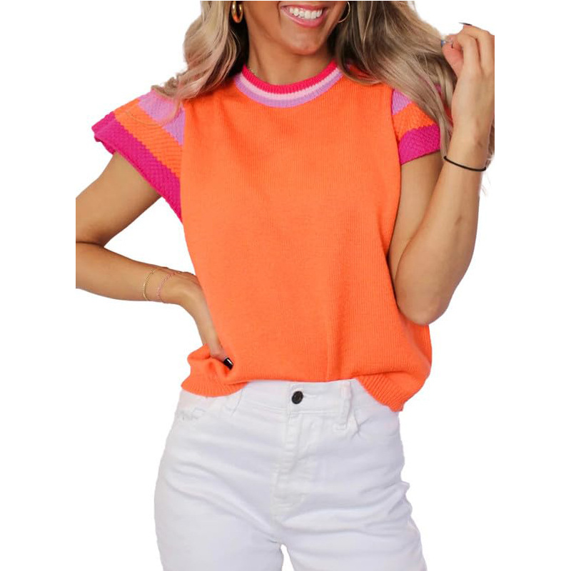 Women's Colorblock Crewneck Knit Top with Flutter Sleeves