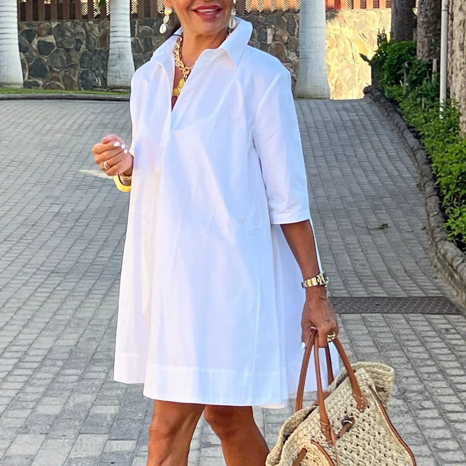 White Half-Sleeve A-Line Shirt Dress