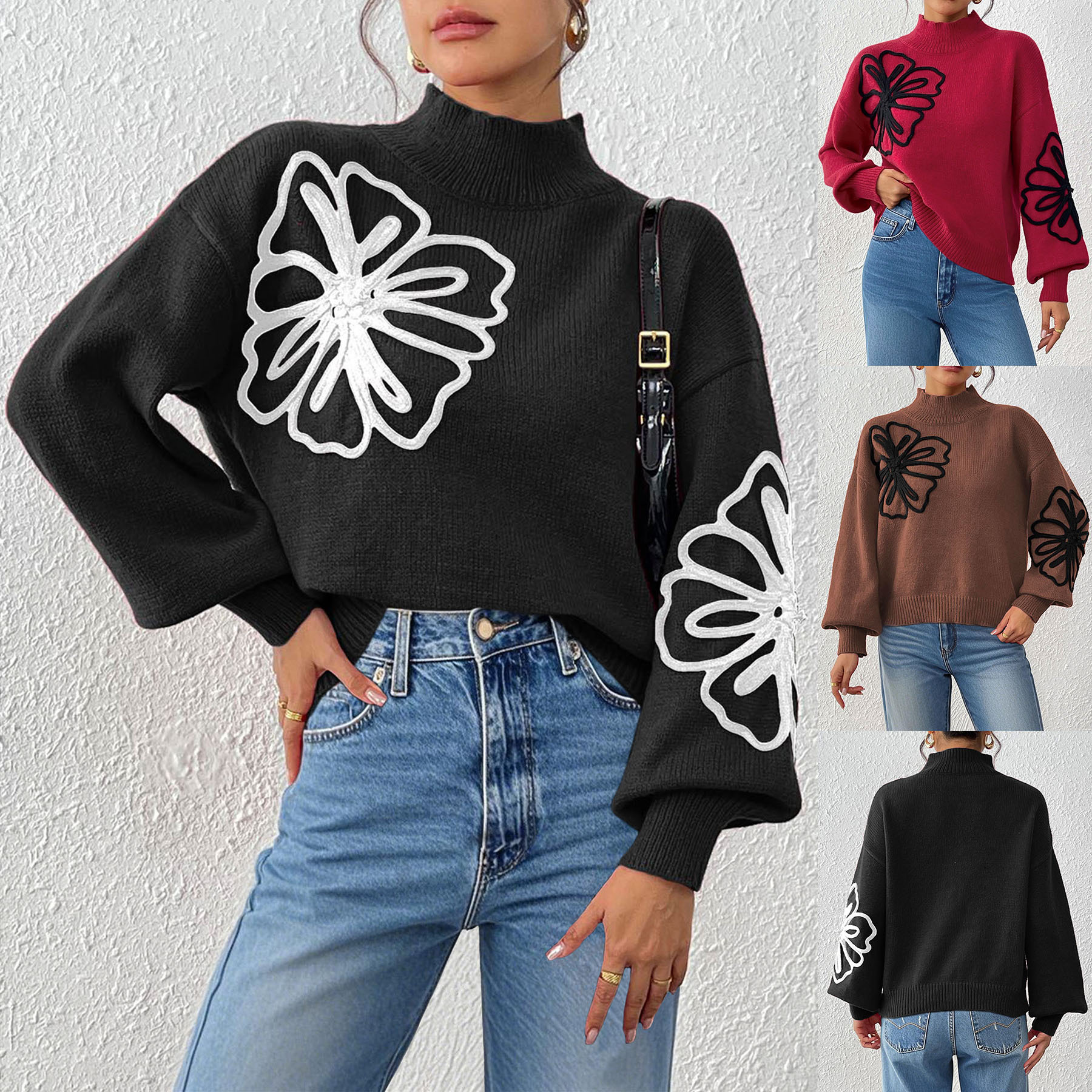 Women's 3D Ribbon Embroidered Floral Mock Neck Lantern Sleeve Pullover Sweater